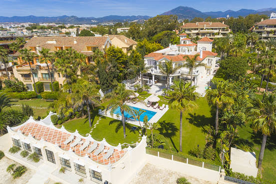Aerial view of a villa estate and grounds