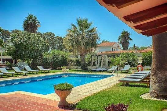 Garden swimming pool and loungers